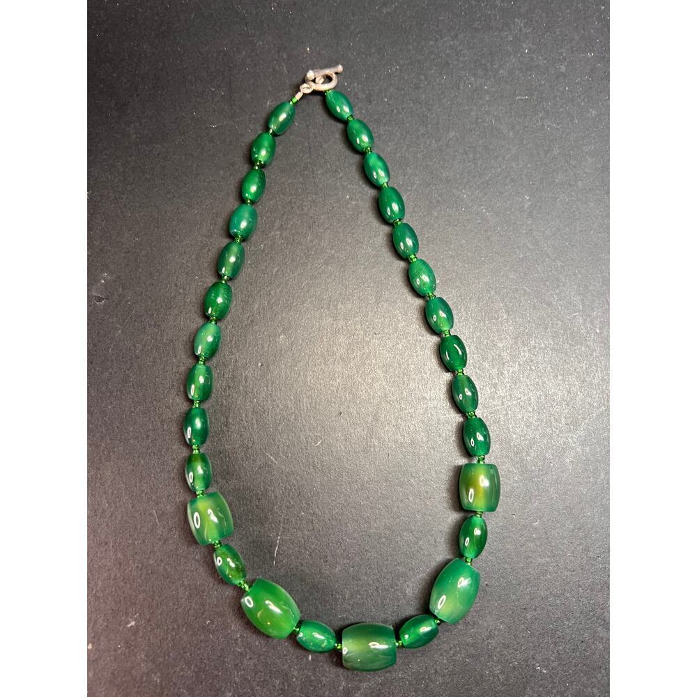 Green onyx beaded necklace with sterling silver toggle clasp
